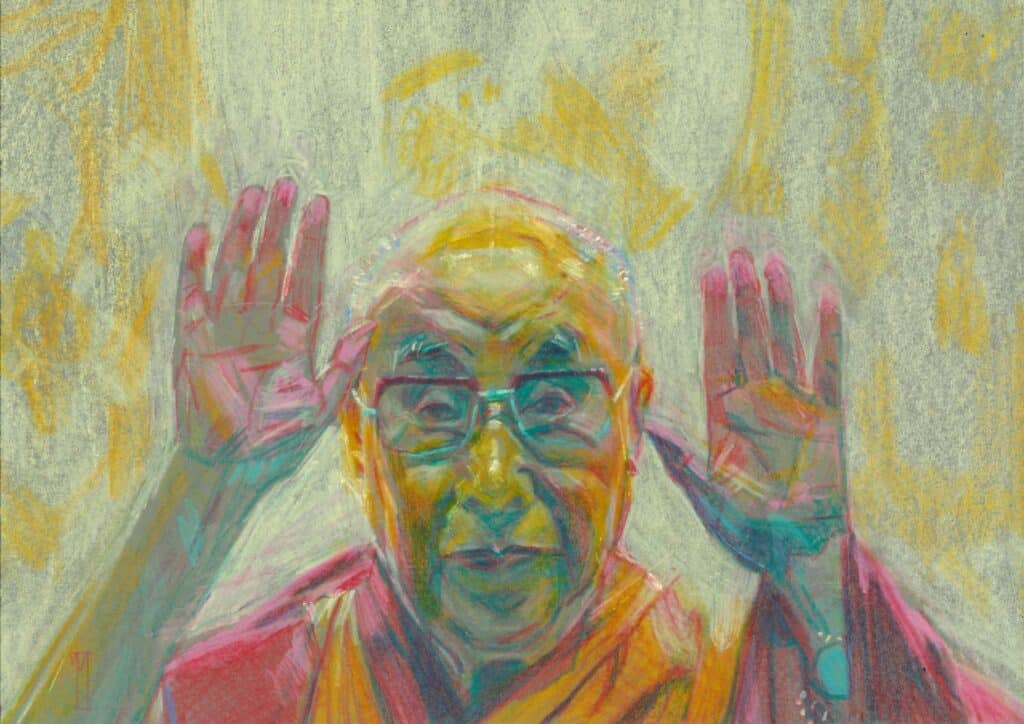 A colourful, textured drawing of an elderly person with glasses and a robe, holding both hands up with palms facing forwards, set against a yellow and green abstract background.